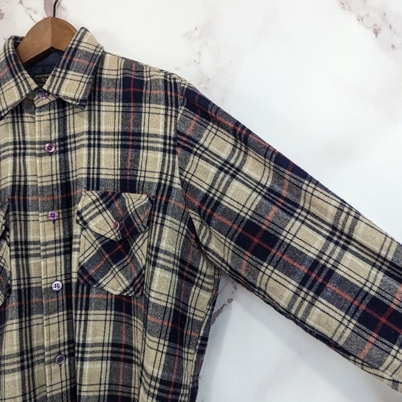 Vintage Wool Shirt Mens Medium Button Up 60's Plaid Brewster West Tan Brown Long - Picture 16 of 16